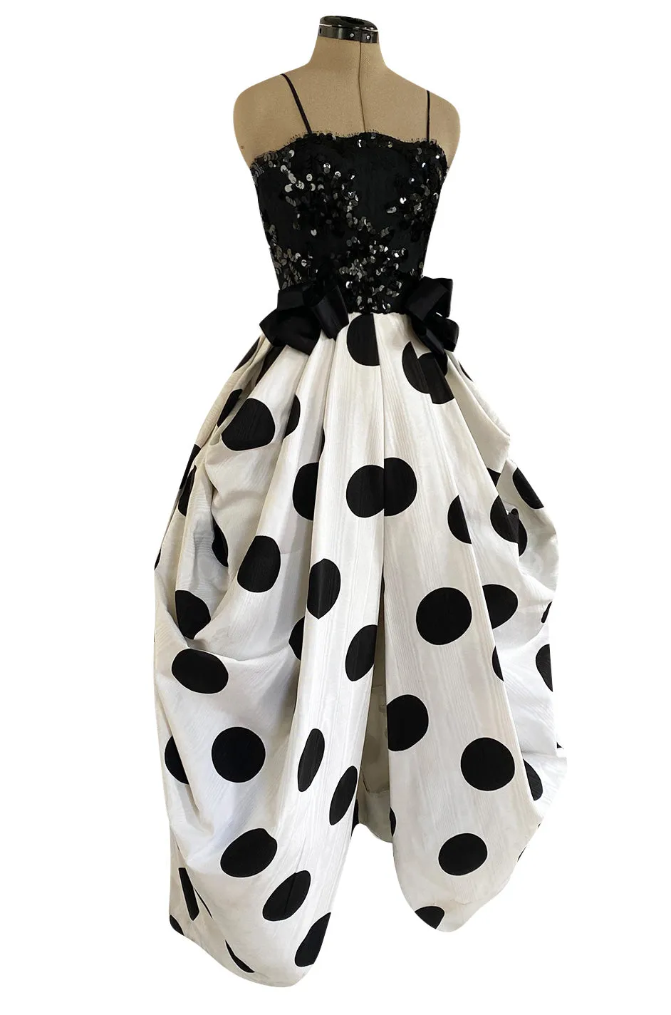 Early 1980s Possible Louis Feraud Graphic Sequin Bodice w Black & White Dotted Bubble Skirt Dress