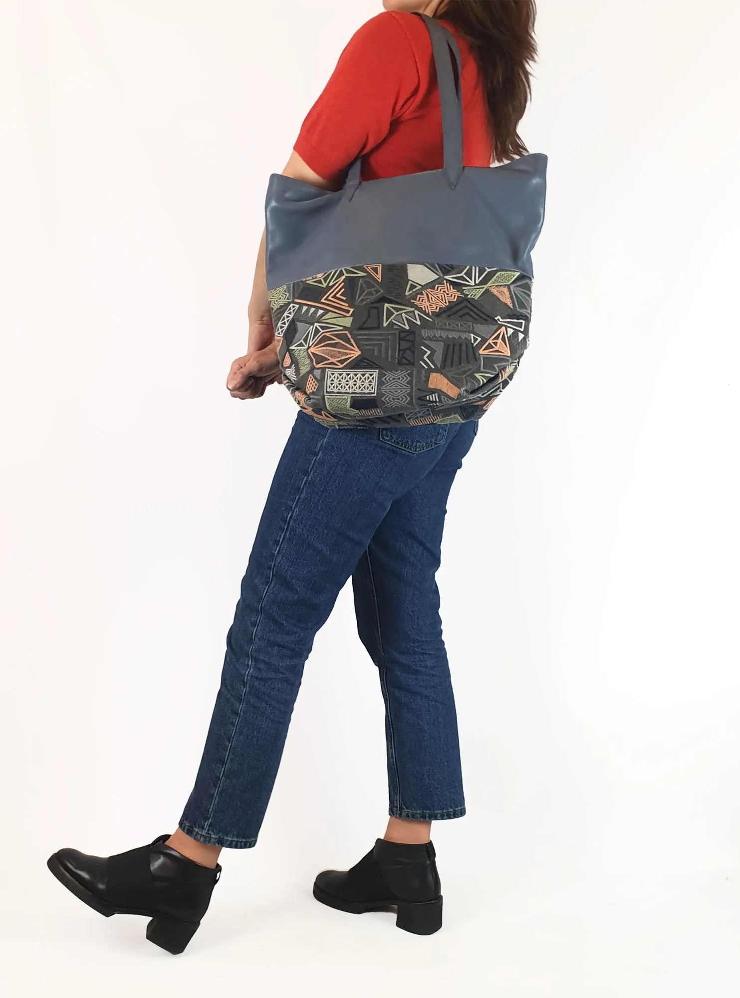 Elk leather and embroidered mix large shoulder bag