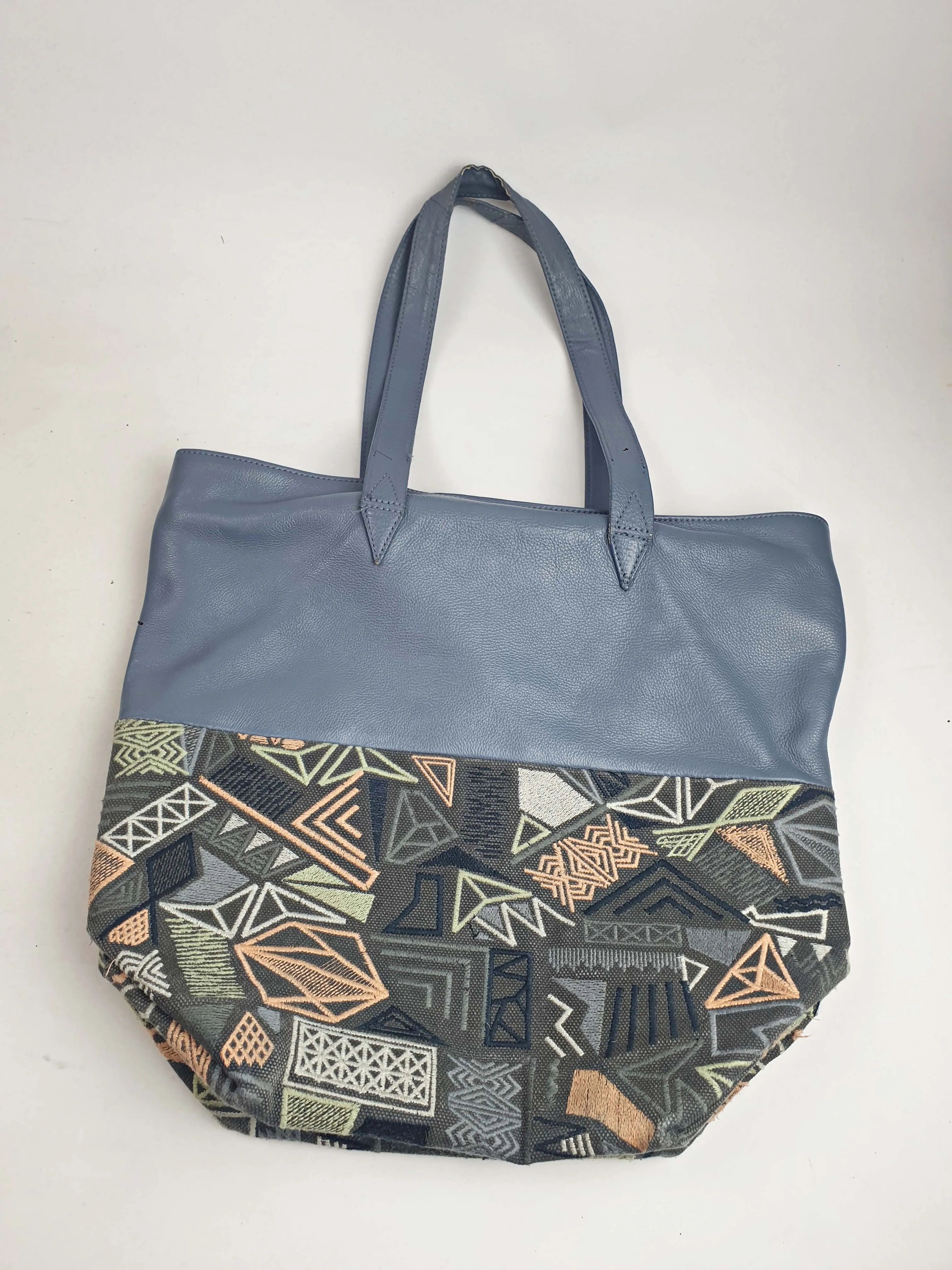 Elk leather and embroidered mix large shoulder bag