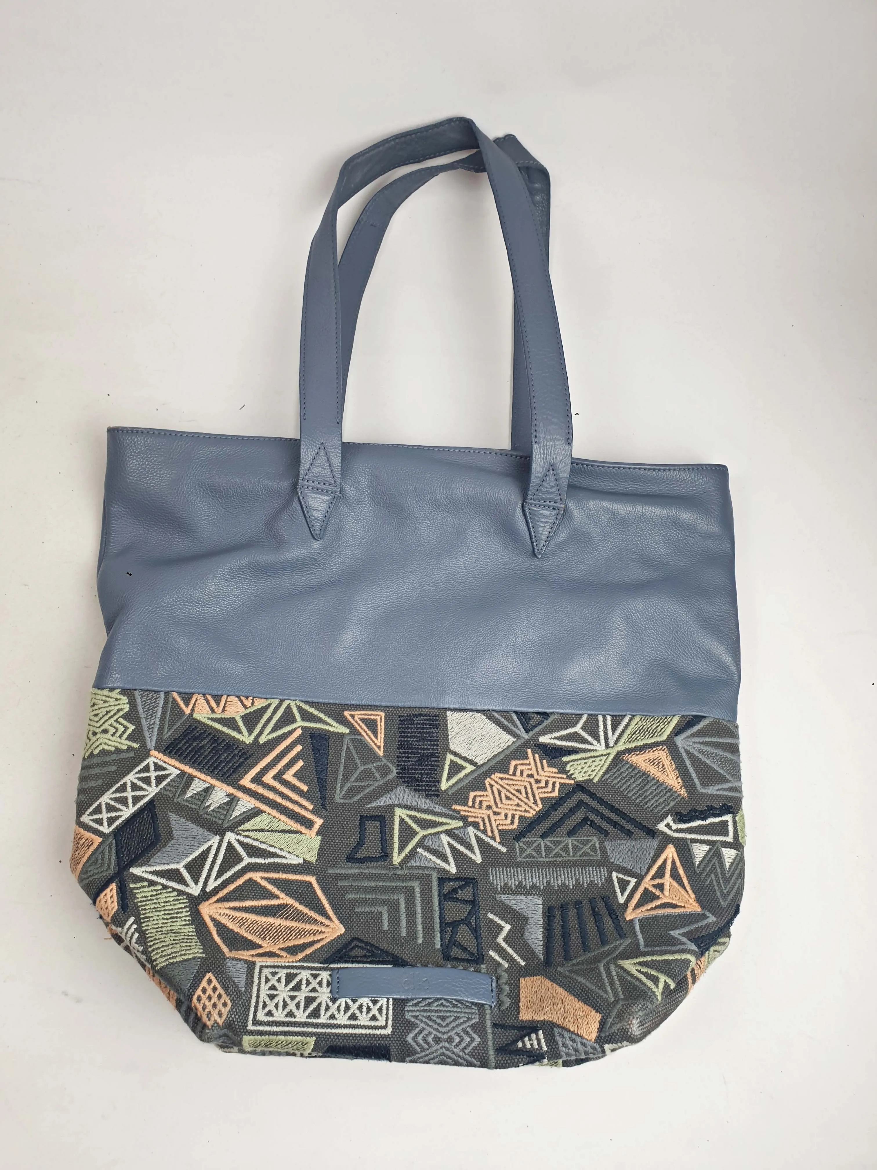 Elk leather and embroidered mix large shoulder bag
