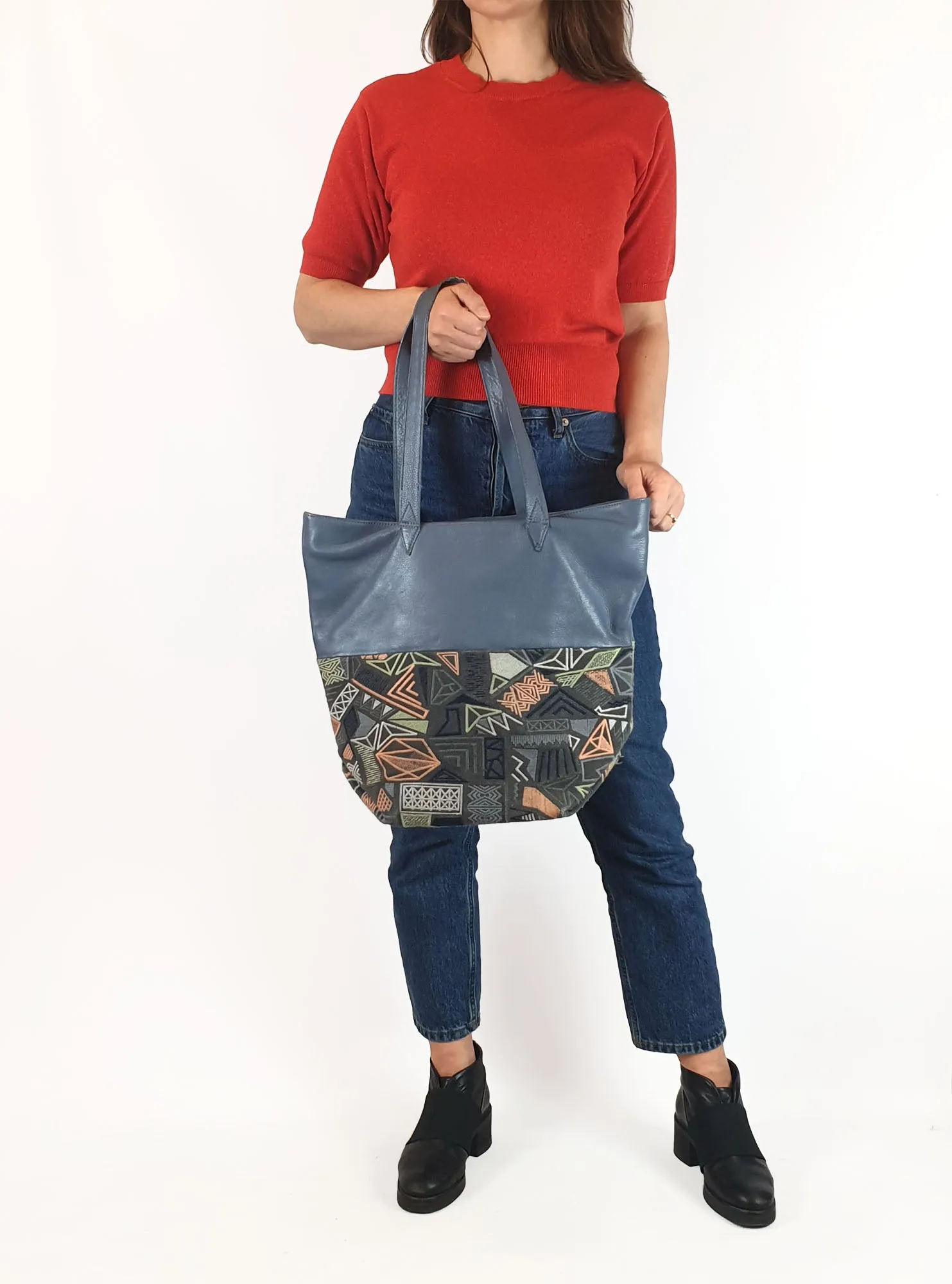 Elk leather and embroidered mix large shoulder bag