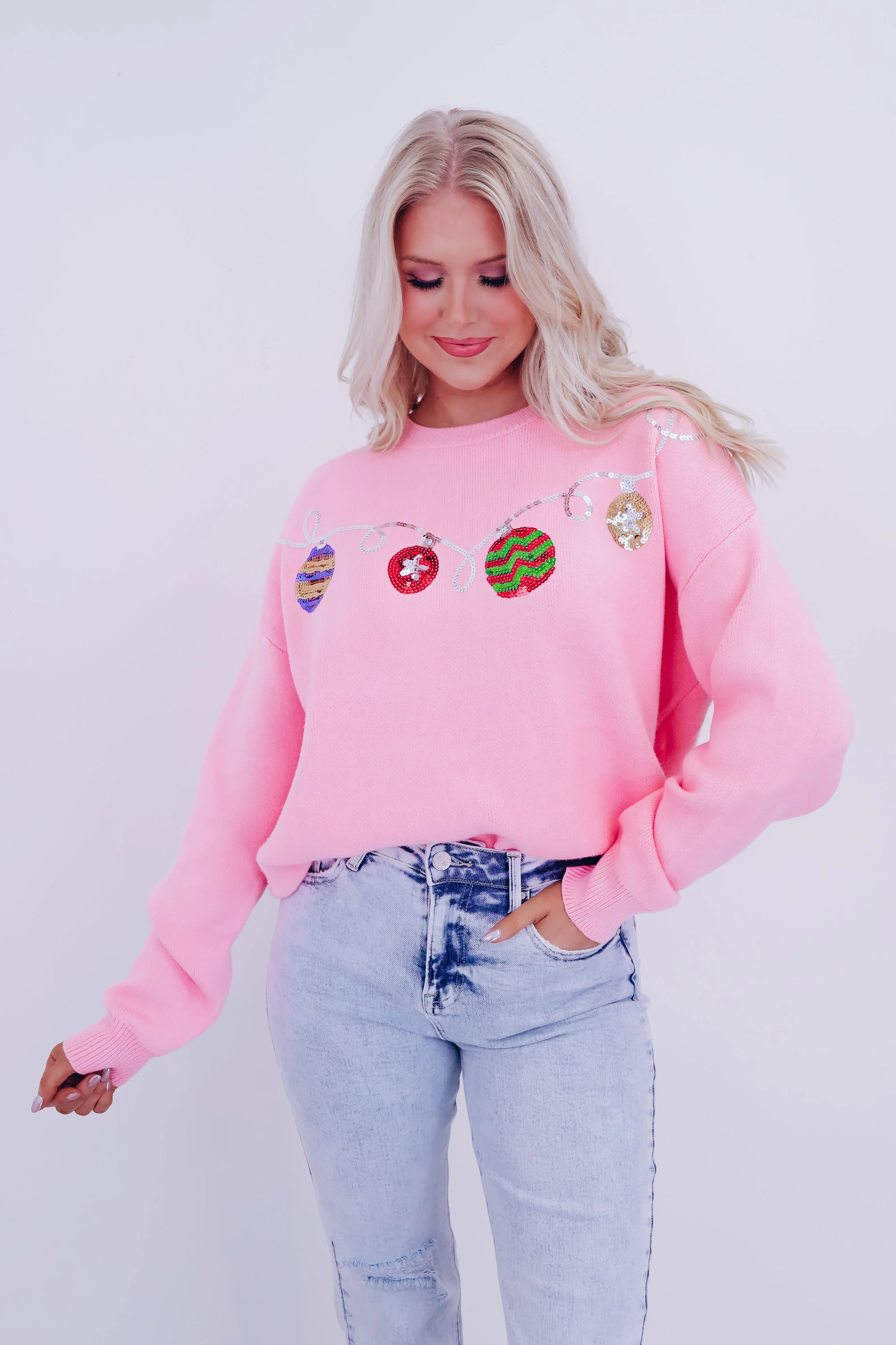 Garland Ornament Sequin Sweater  - Pink