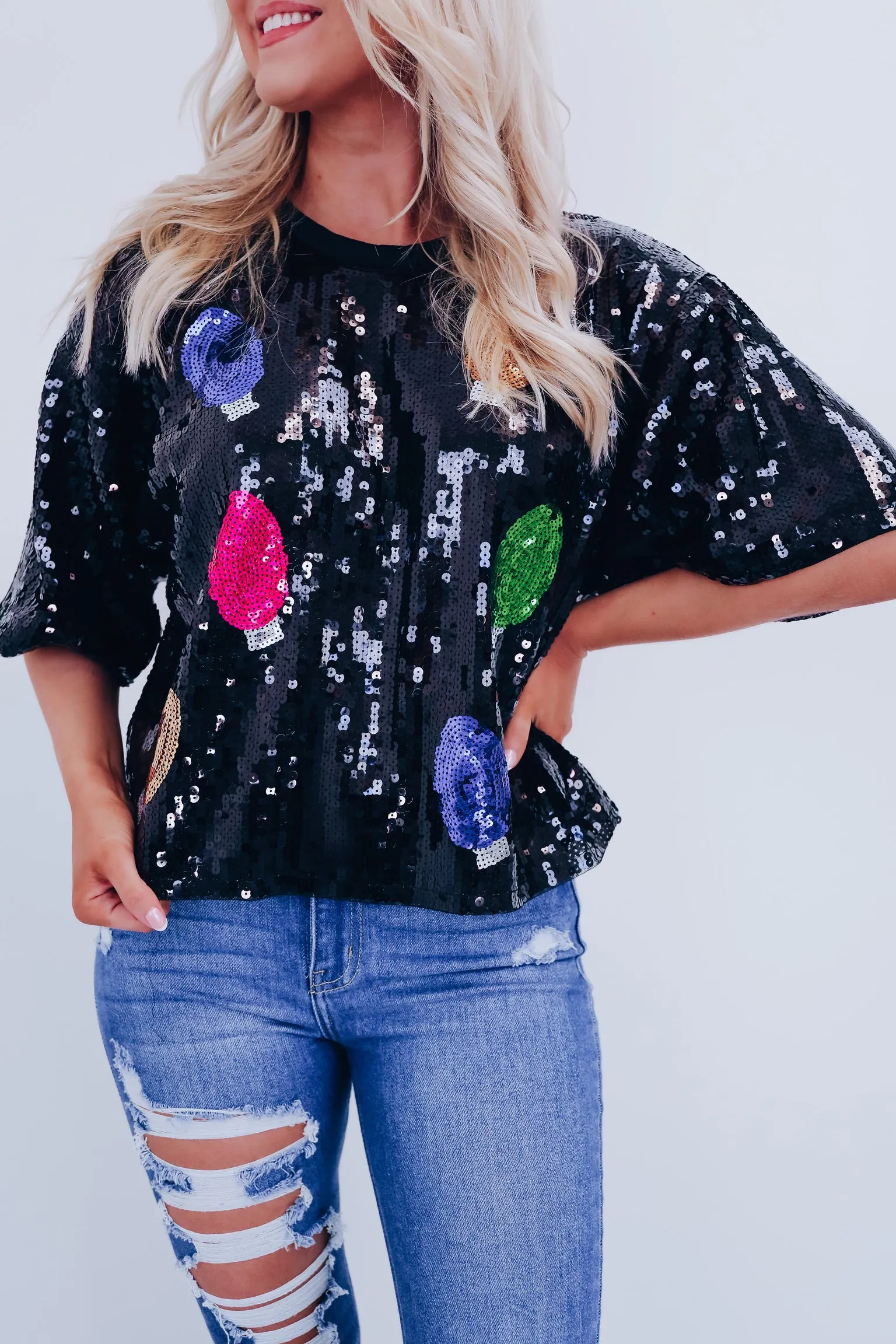 Glimmer Christmas Light Sequin Crop Top - Black
