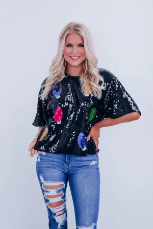 Glimmer Christmas Light Sequin Crop Top - Black