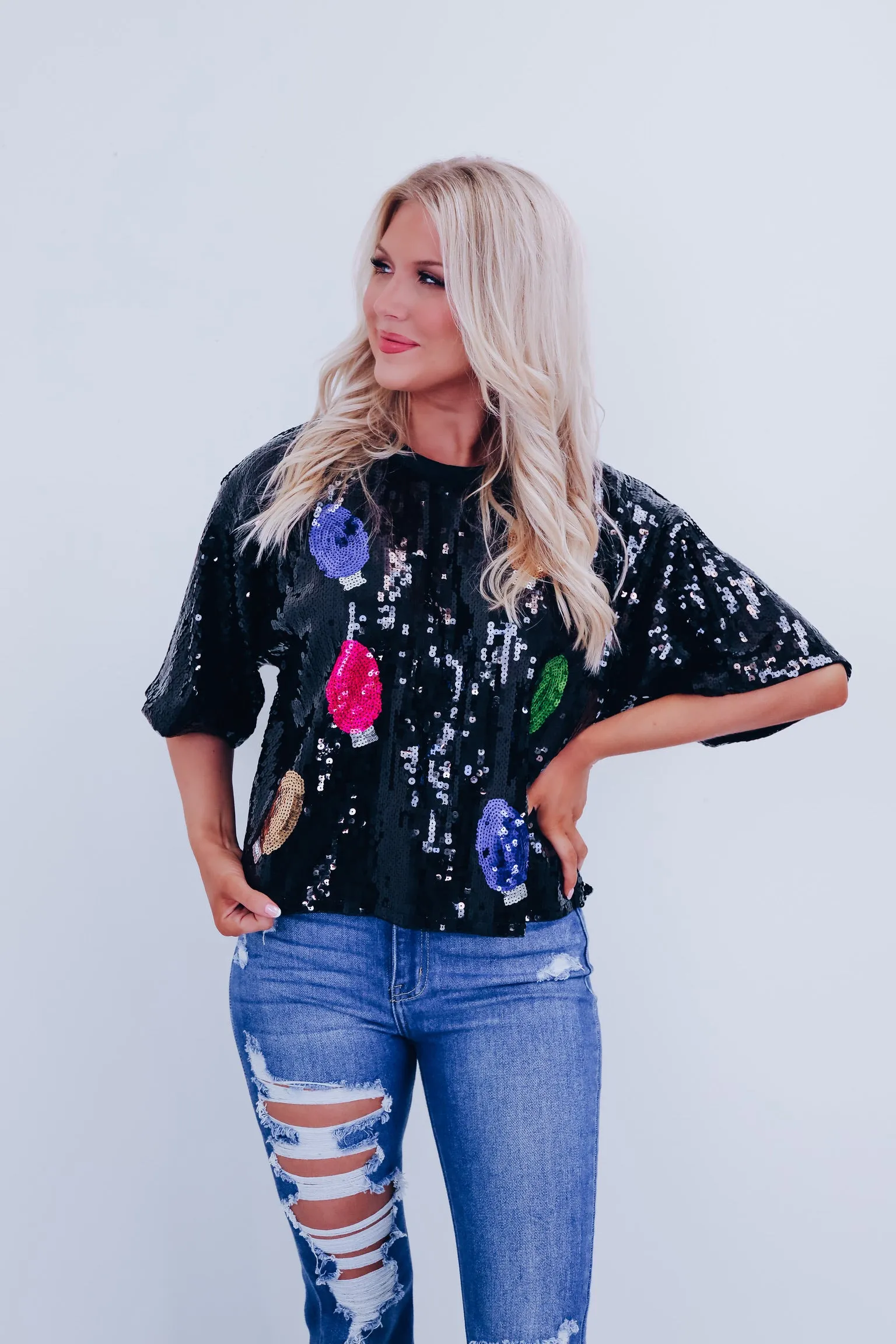 Glimmer Christmas Light Sequin Crop Top - Black