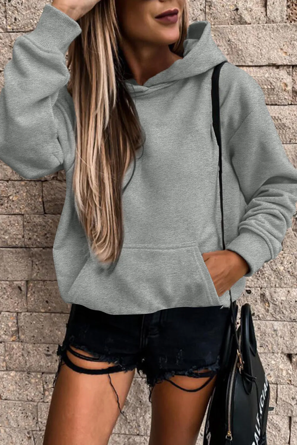 Gray White Loose Kangaroo Pocket Hoodie