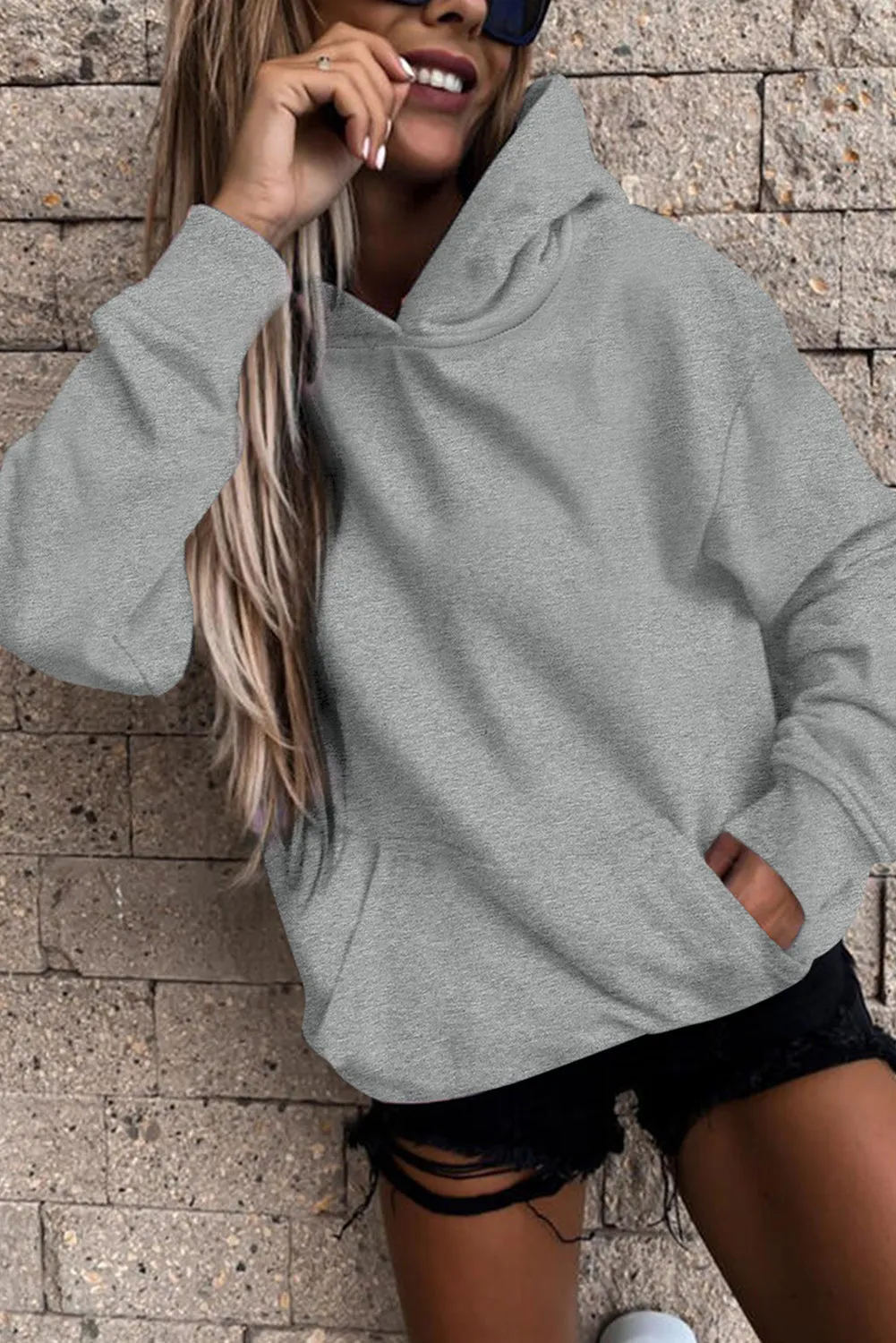 Gray White Loose Kangaroo Pocket Hoodie
