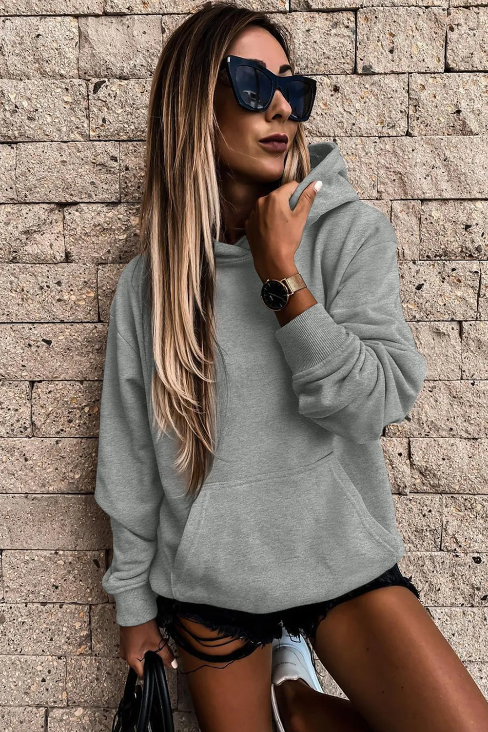 Gray White Loose Kangaroo Pocket Hoodie