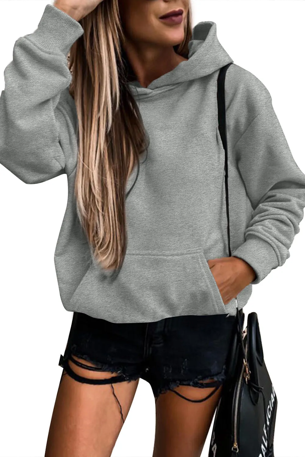 Gray White Loose Kangaroo Pocket Hoodie