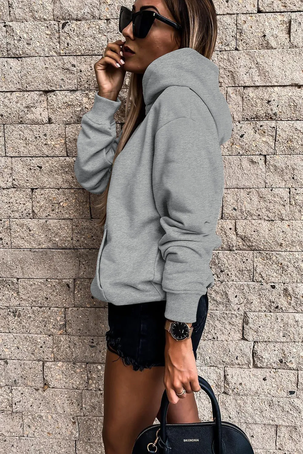 Gray White Loose Kangaroo Pocket Hoodie