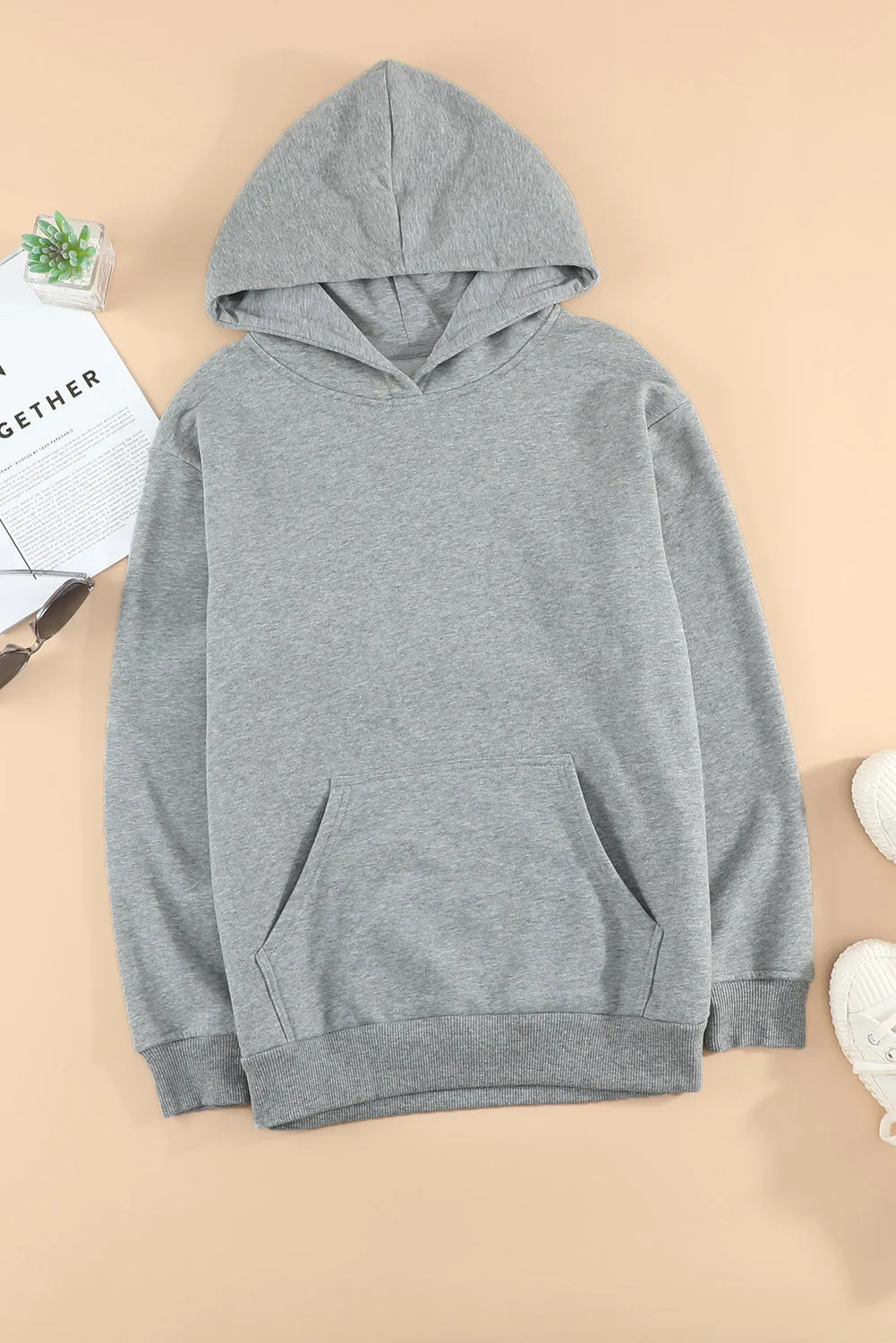 Gray White Loose Kangaroo Pocket Hoodie