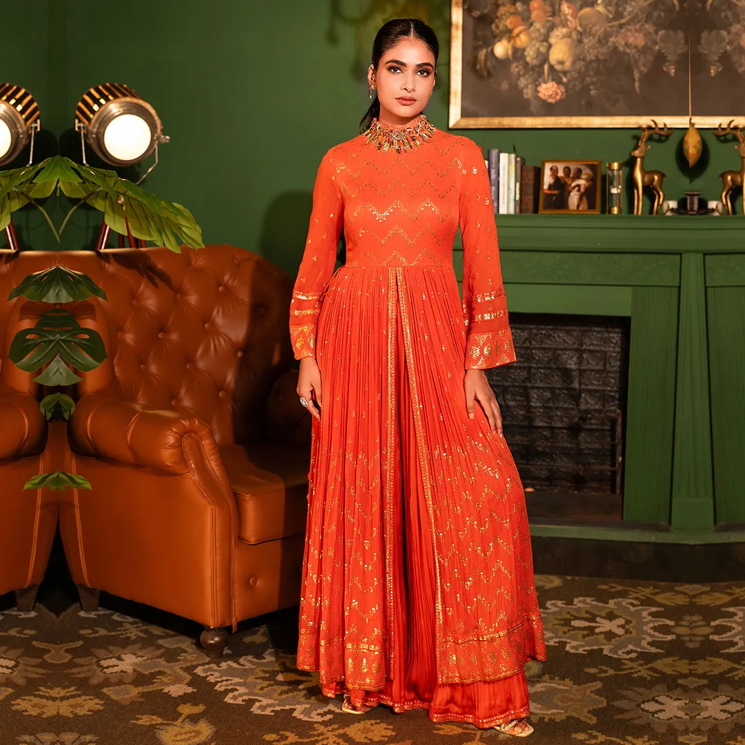 High-Neck Orange Studded Flared Dress & Sharara Pants With Front Slit