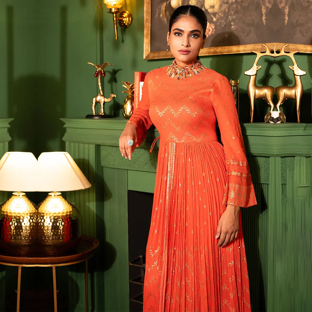 High-Neck Orange Studded Flared Dress & Sharara Pants With Front Slit