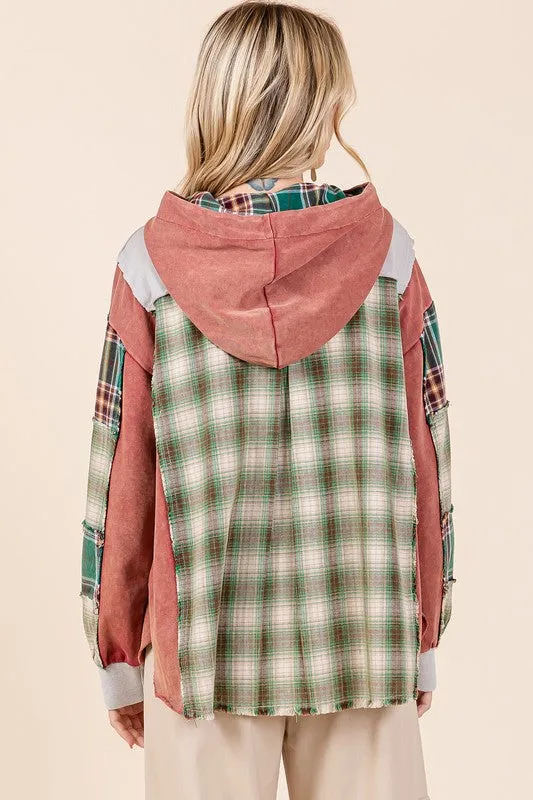 HUNTER GREEN PLAID PATCHWORK LOOSE FIT HOODIE