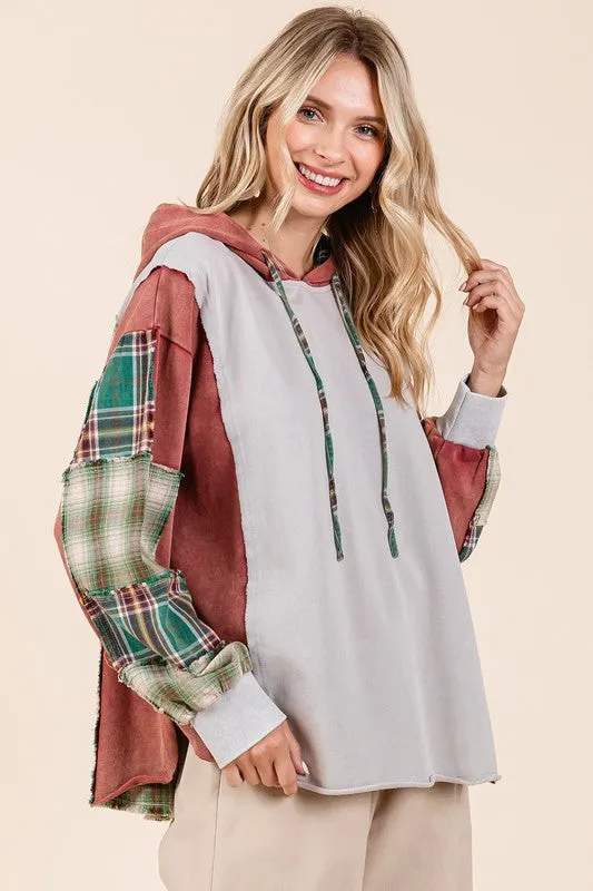 HUNTER GREEN PLAID PATCHWORK LOOSE FIT HOODIE
