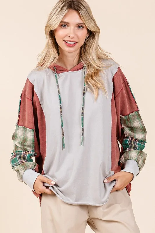 HUNTER GREEN PLAID PATCHWORK LOOSE FIT HOODIE