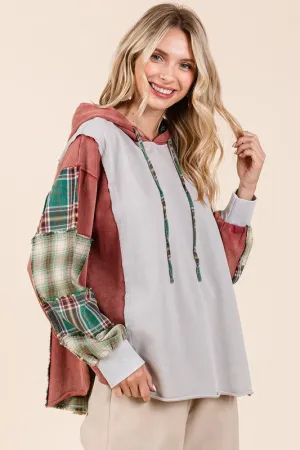 HUNTER GREEN PLAID PATCHWORK LOOSE FIT HOODIE