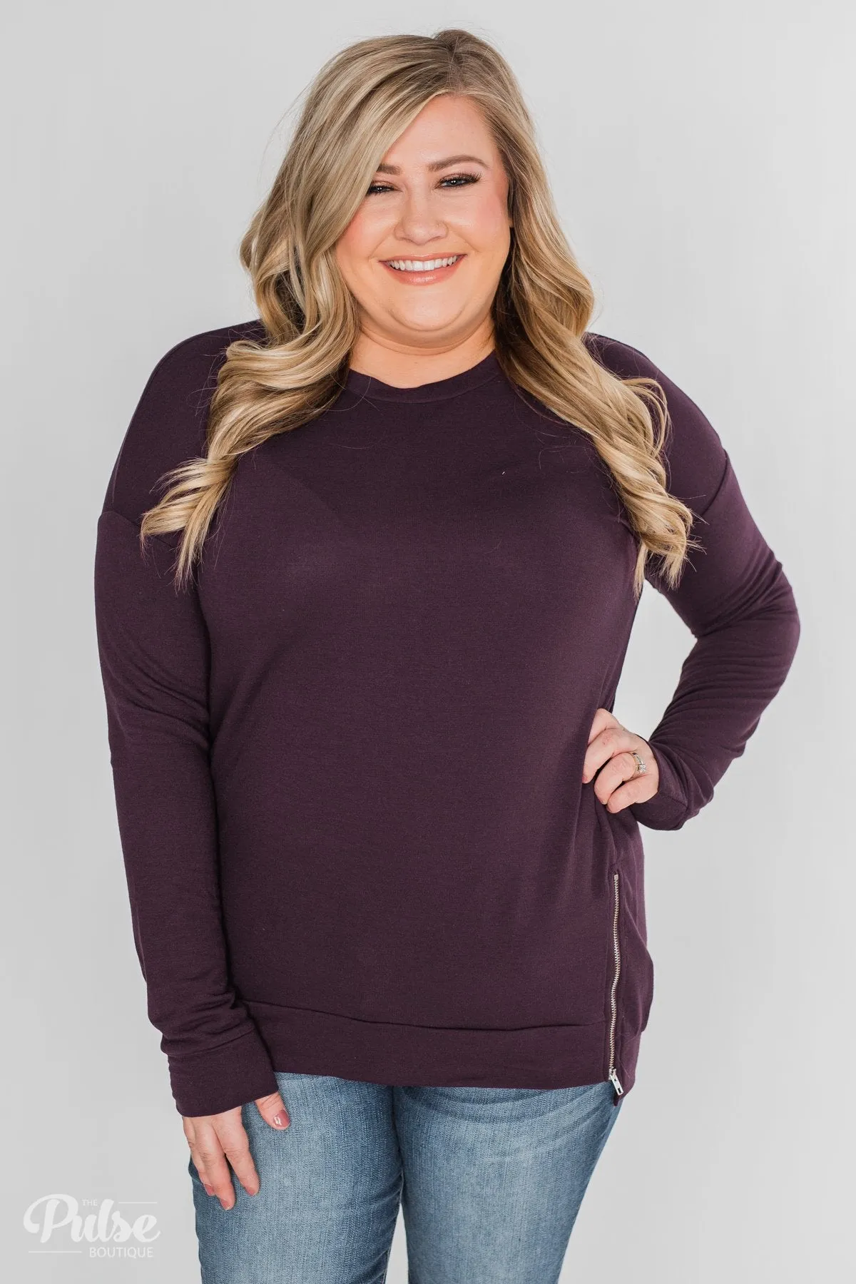 Impress Me Long Sleeve Zipper Top- Eggplant
