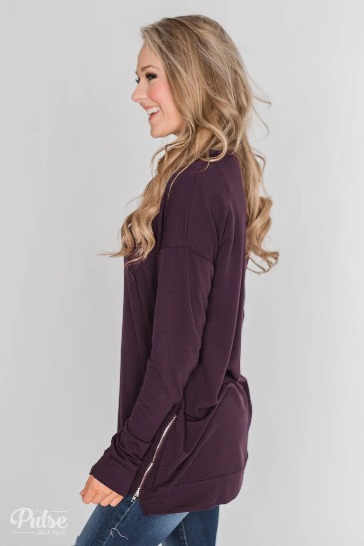 Impress Me Long Sleeve Zipper Top- Eggplant