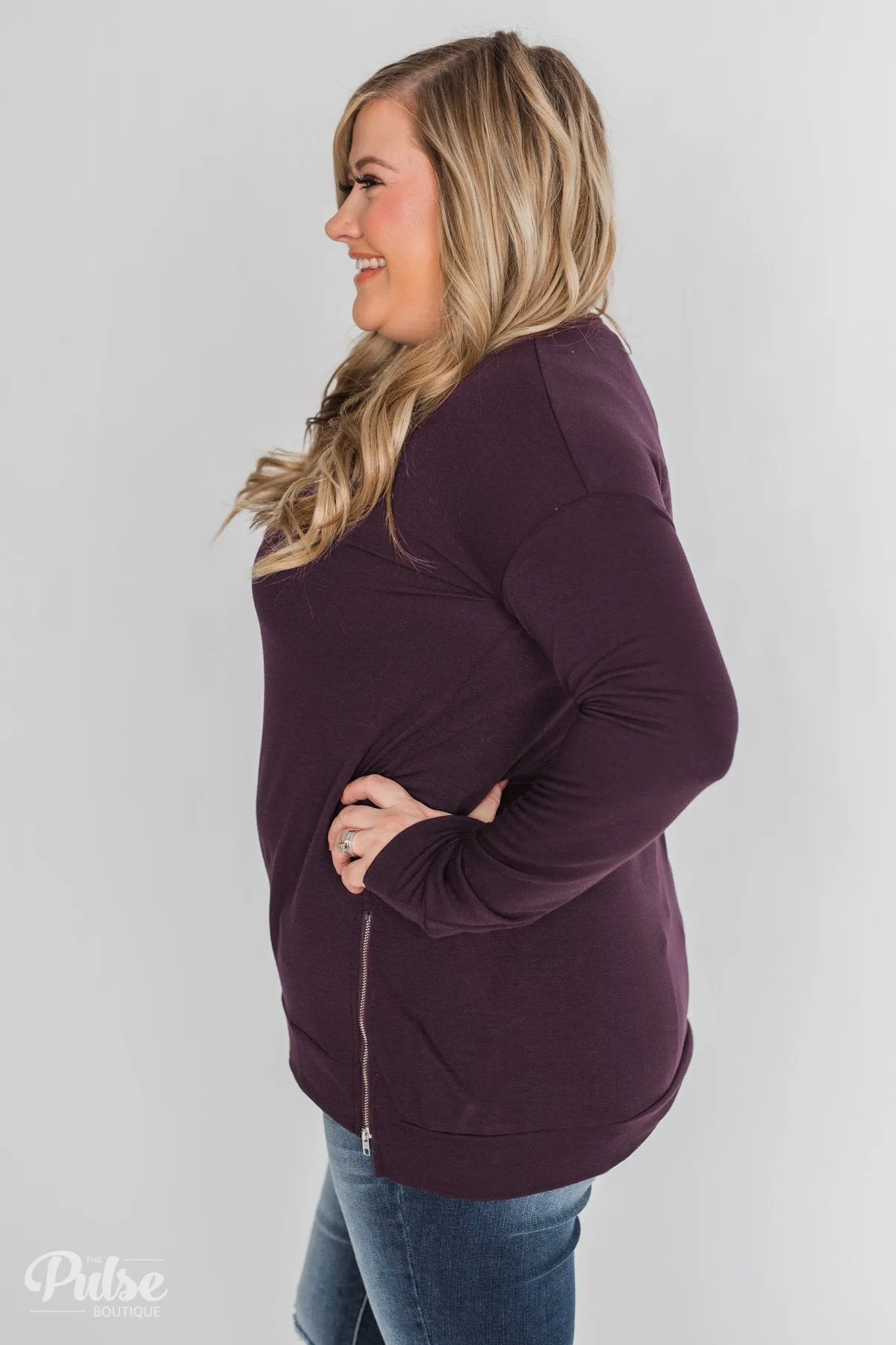 Impress Me Long Sleeve Zipper Top- Eggplant