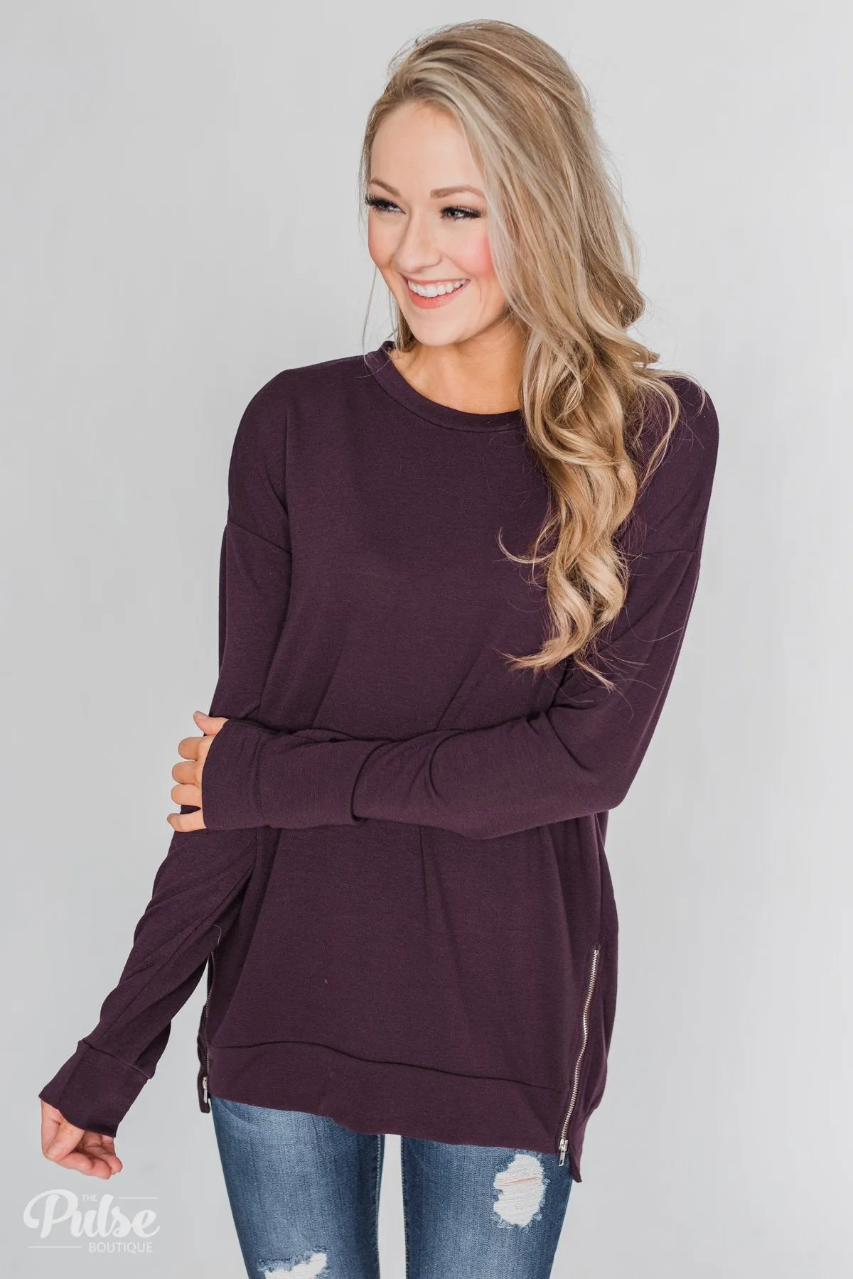Impress Me Long Sleeve Zipper Top- Eggplant