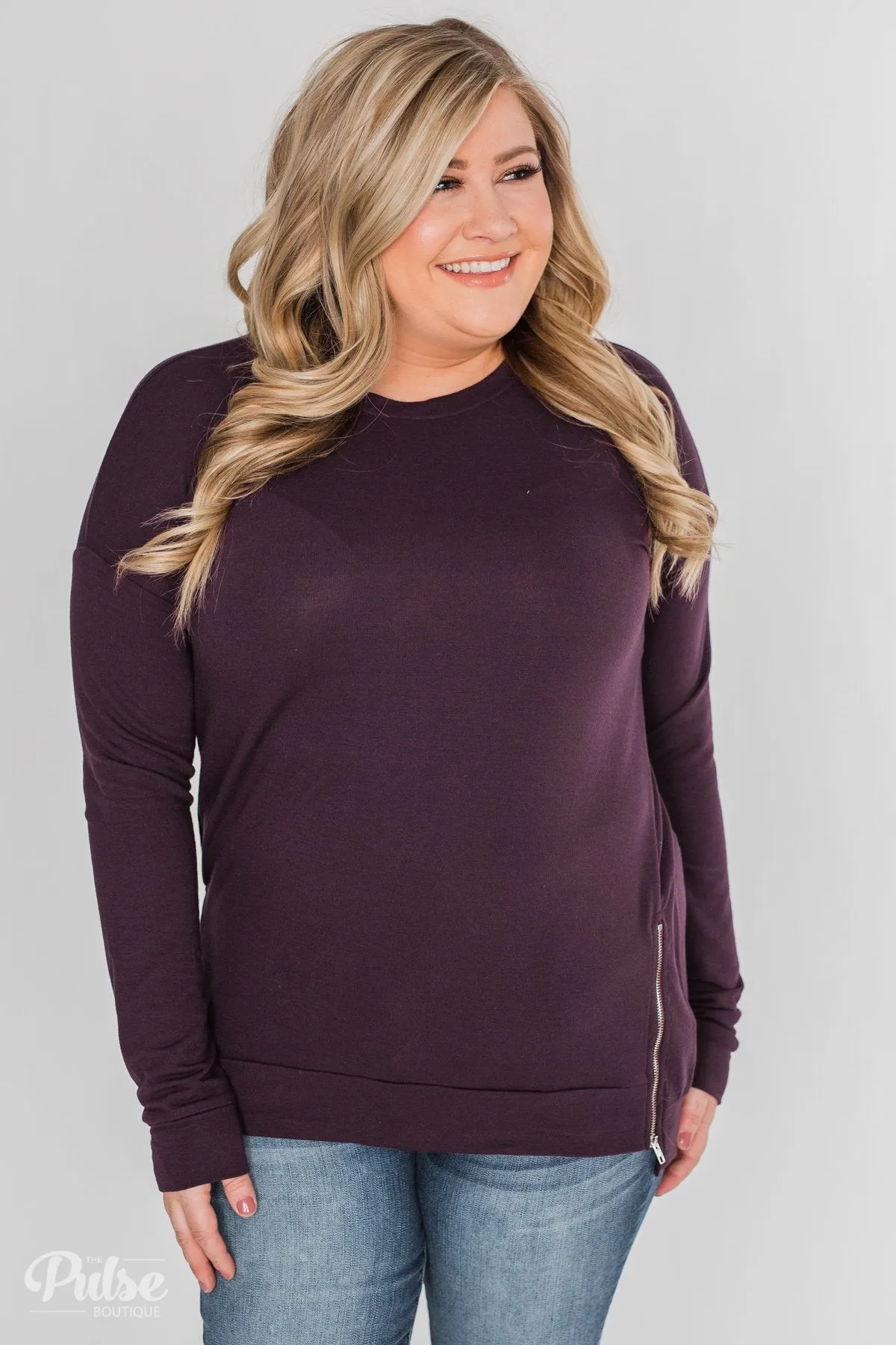 Impress Me Long Sleeve Zipper Top- Eggplant