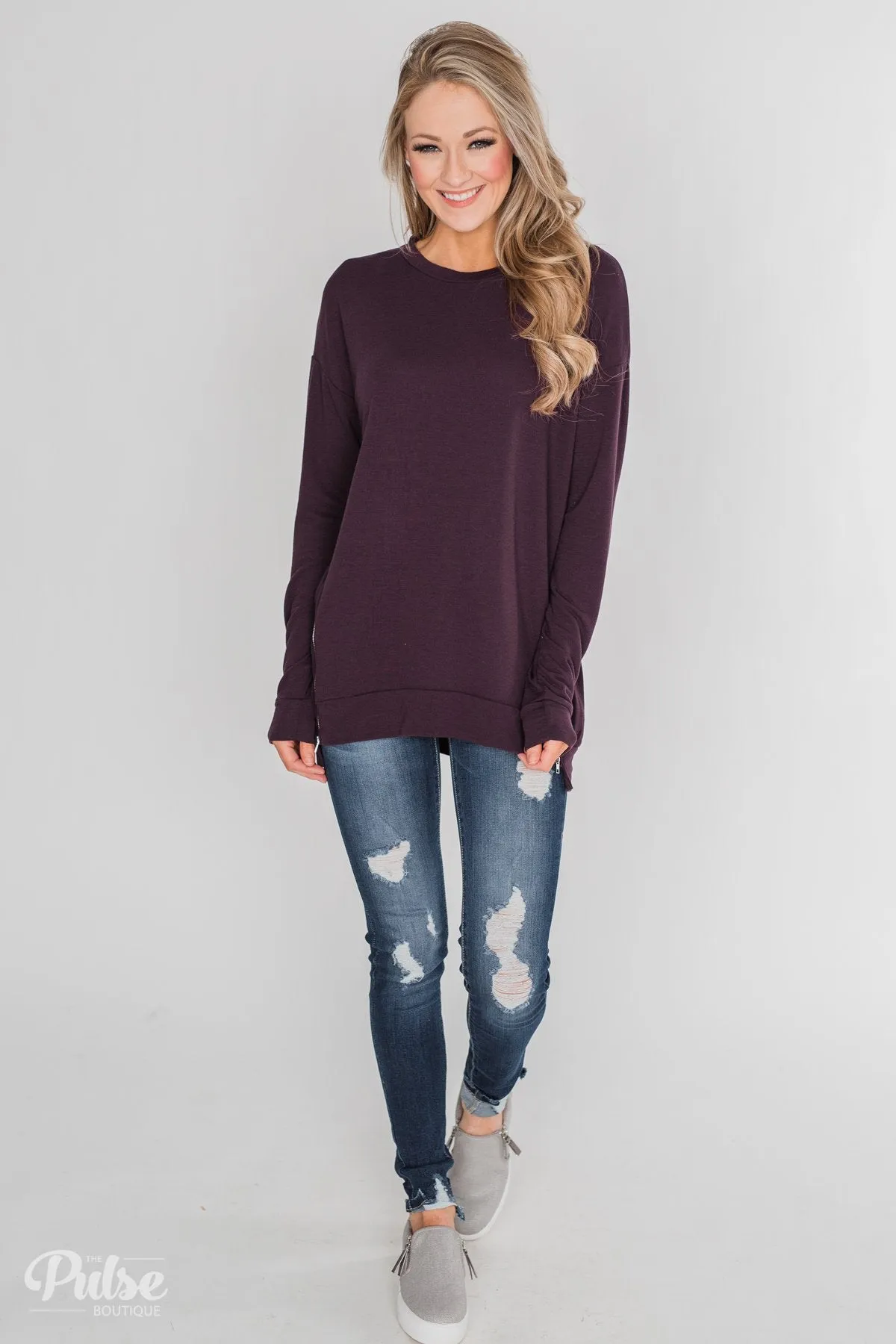 Impress Me Long Sleeve Zipper Top- Eggplant