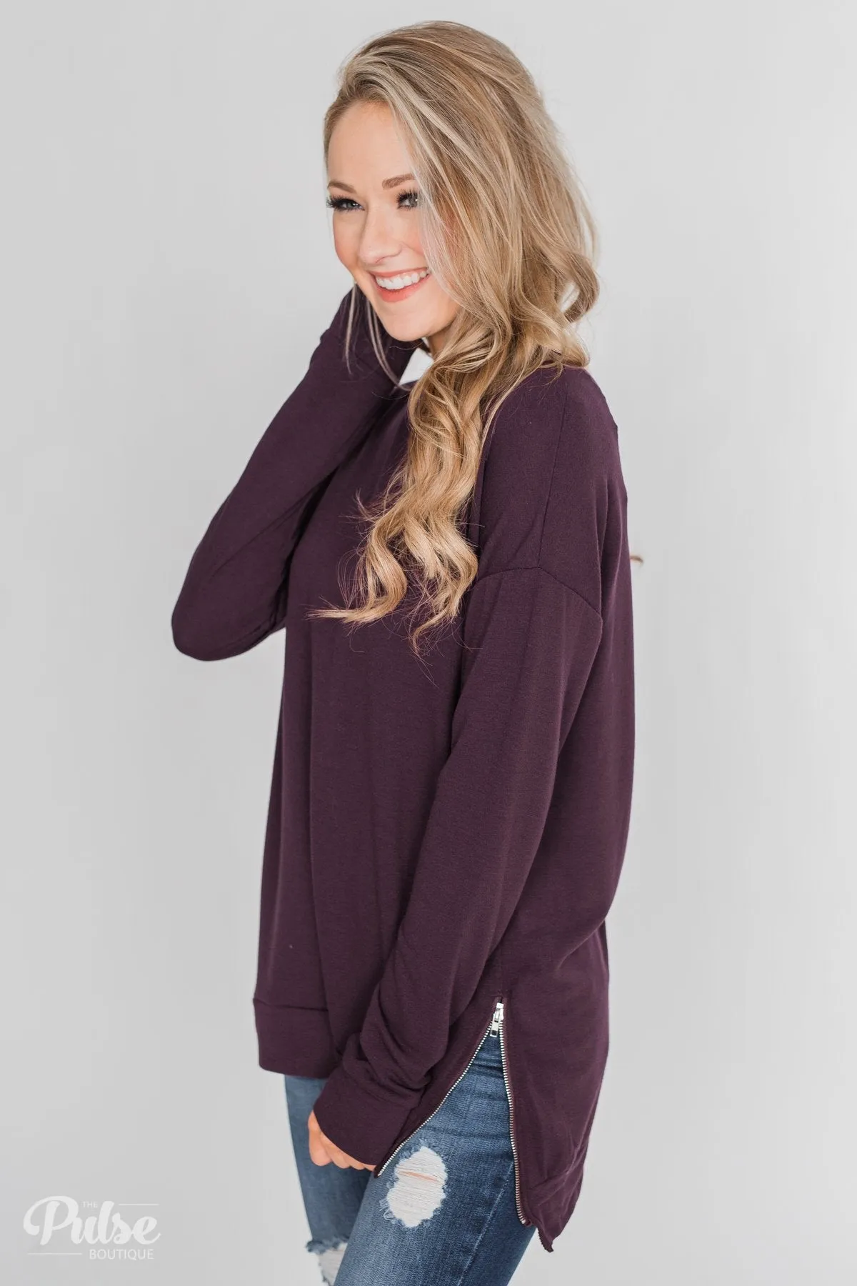 Impress Me Long Sleeve Zipper Top- Eggplant
