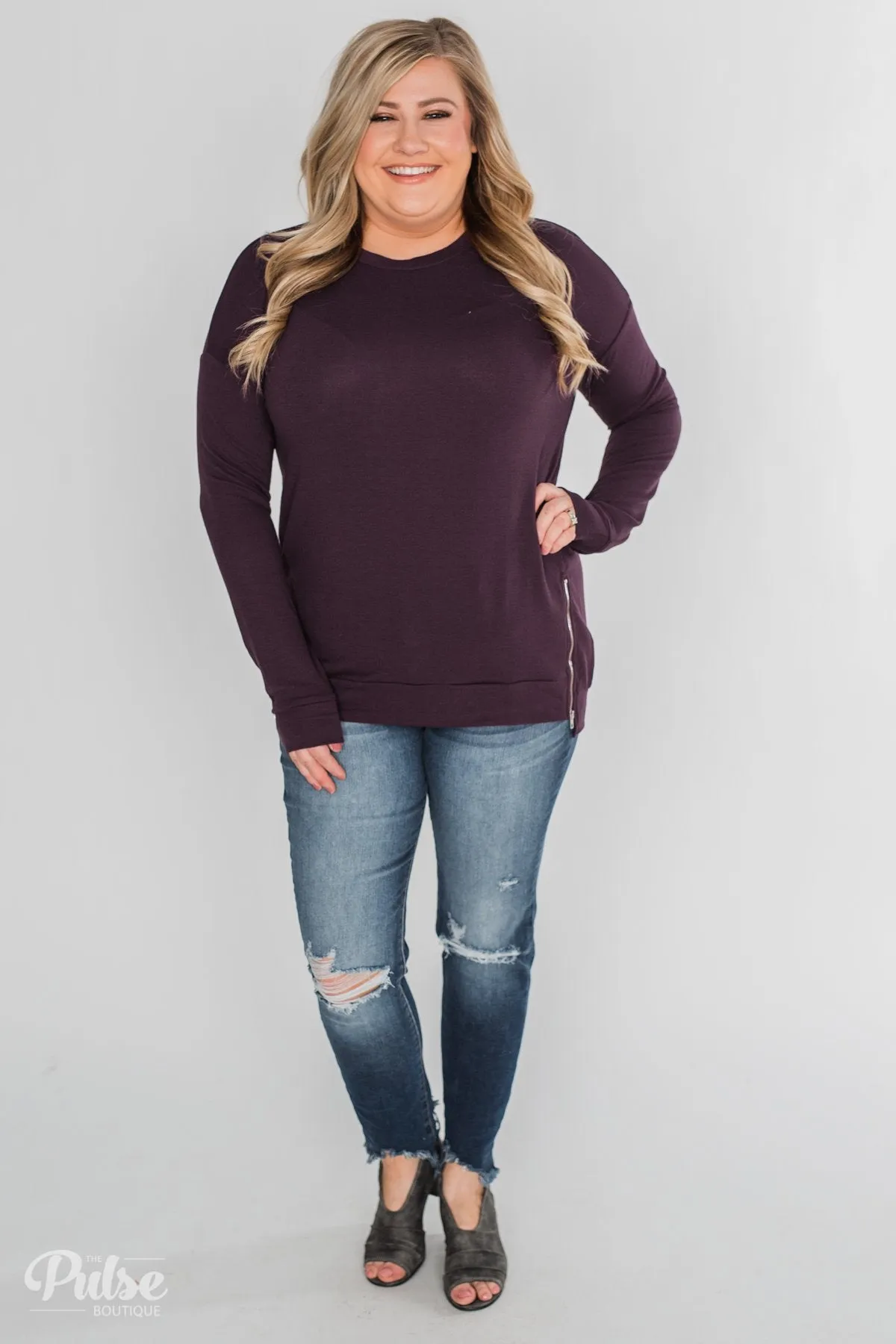Impress Me Long Sleeve Zipper Top- Eggplant