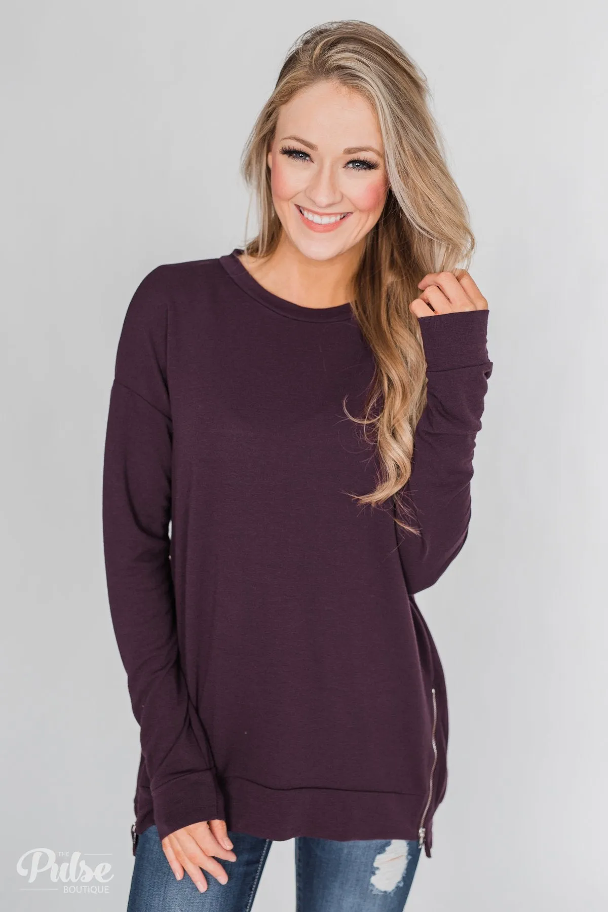Impress Me Long Sleeve Zipper Top- Eggplant