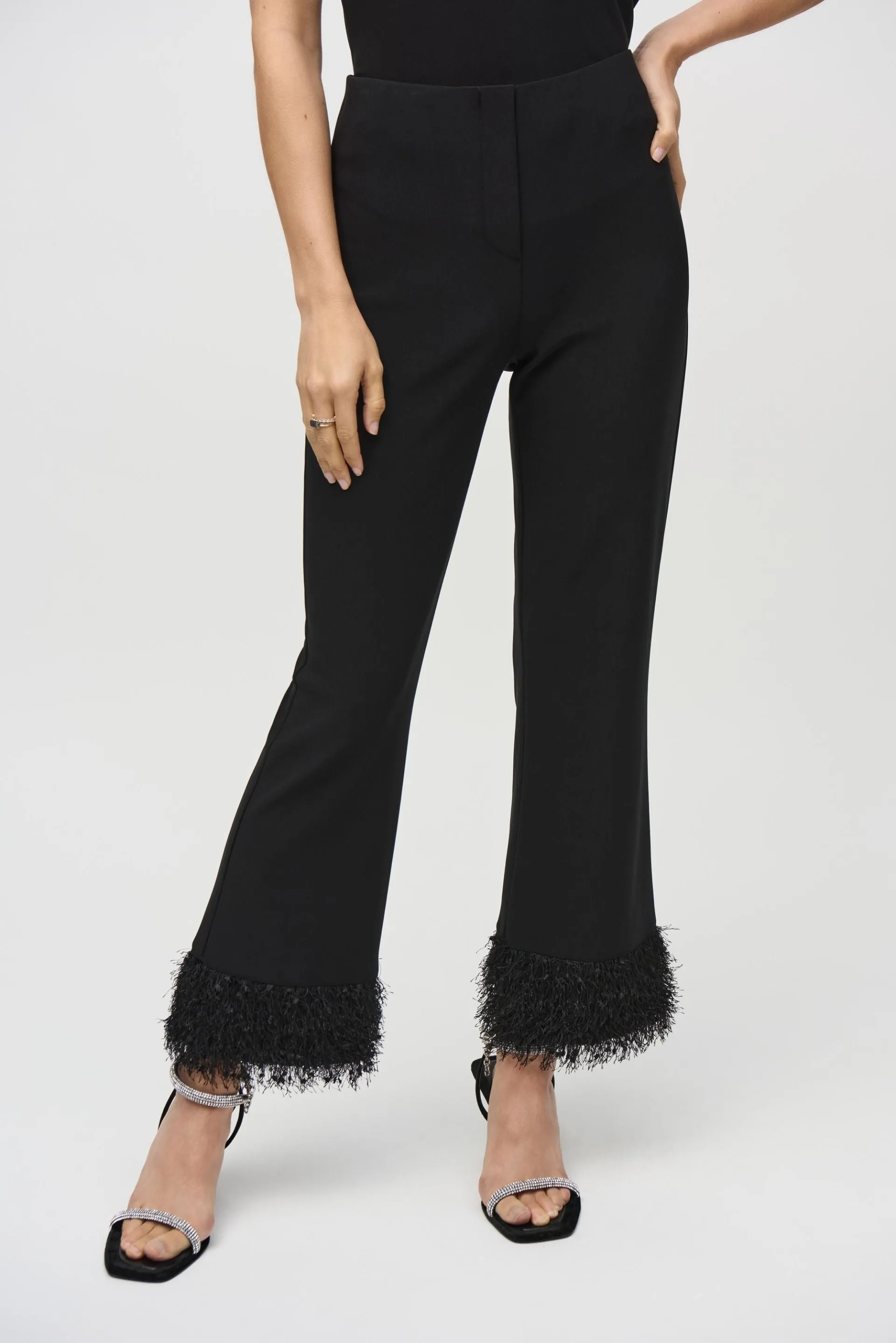 Joseph Ribkoff Black Fringe Cuff Pull On Flared Pants 244193