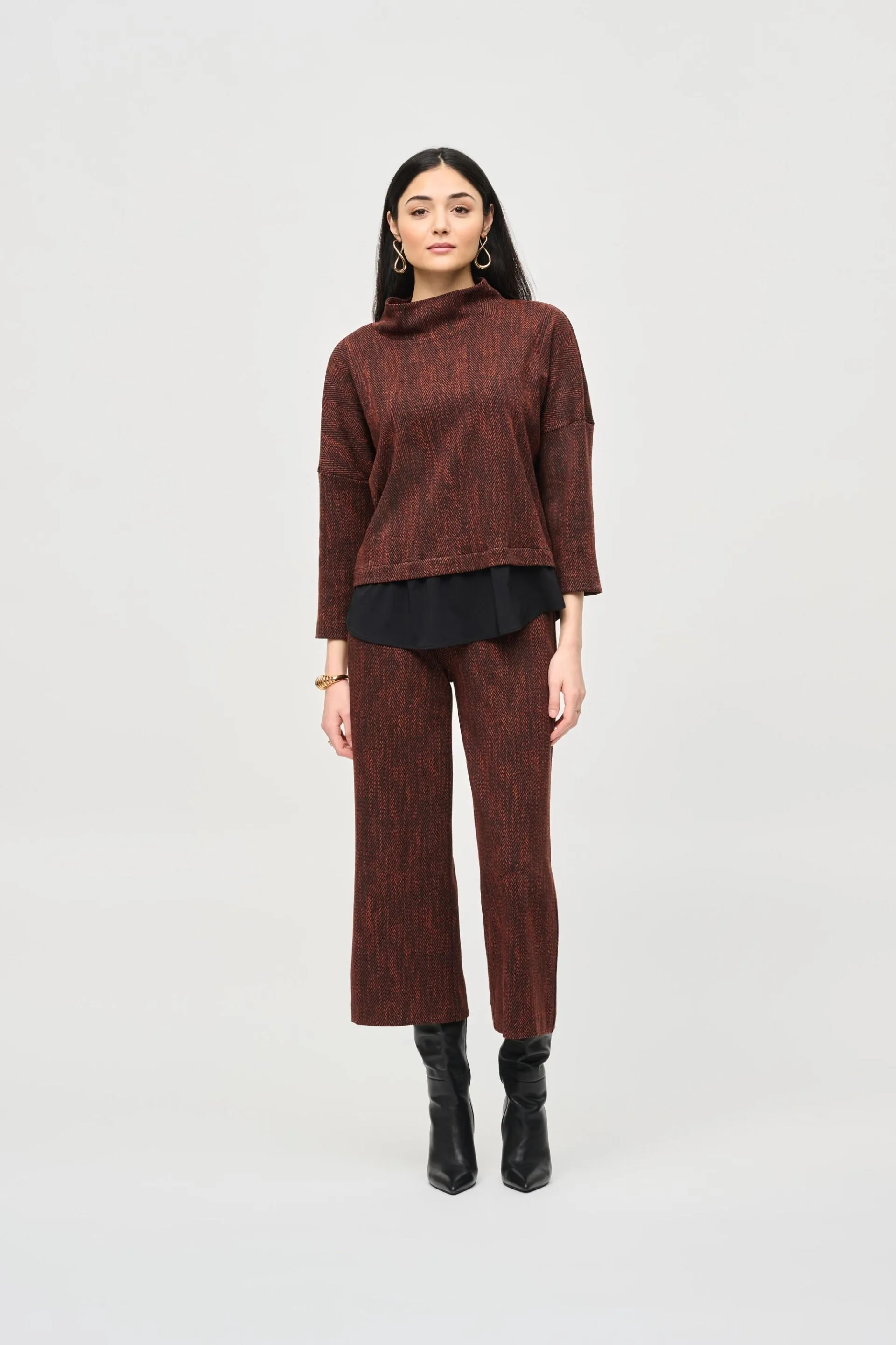 Joseph Ribkoff Orange/Black Chevron Jacquard Knit Culotte Pants 243302