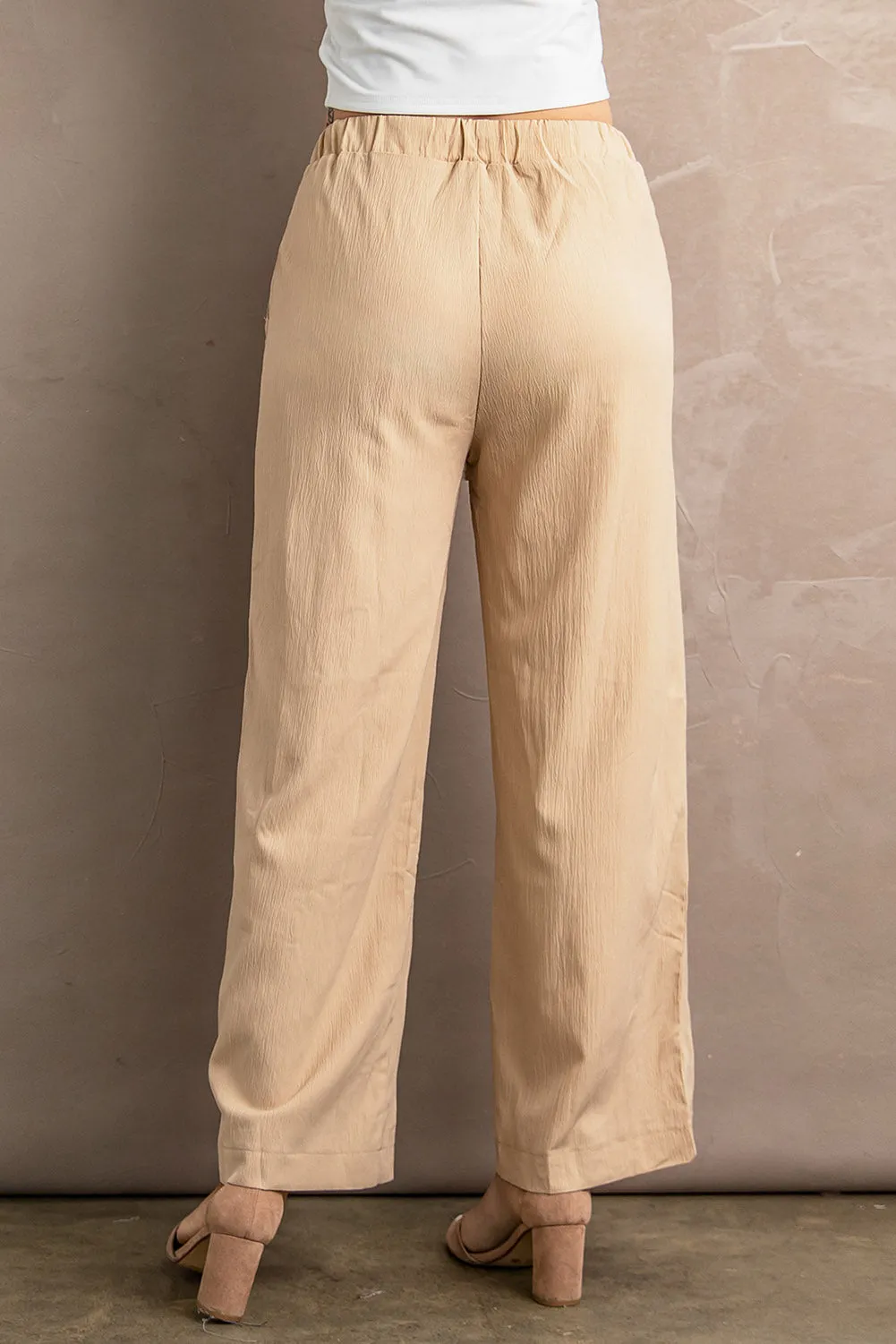 Khaki Drawstring Waist Crinkled Wide Leg Pants