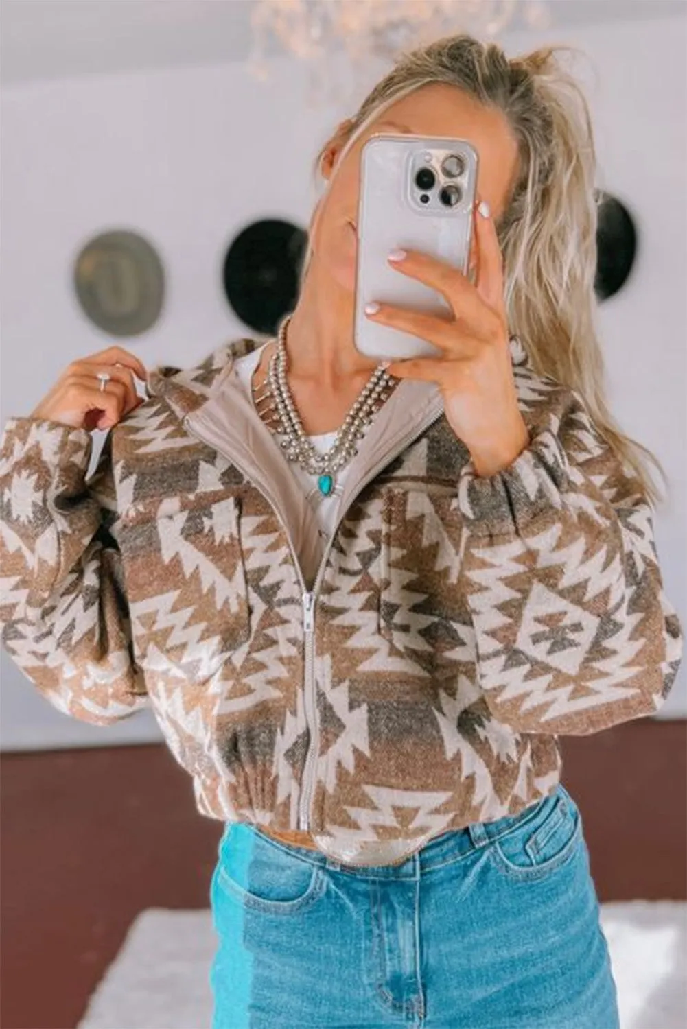 Khaki Printed Aztec Print Elastic Hem Zip Up Hooded Jacket