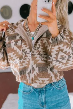 Khaki Printed Aztec Print Elastic Hem Zip Up Hooded Jacket