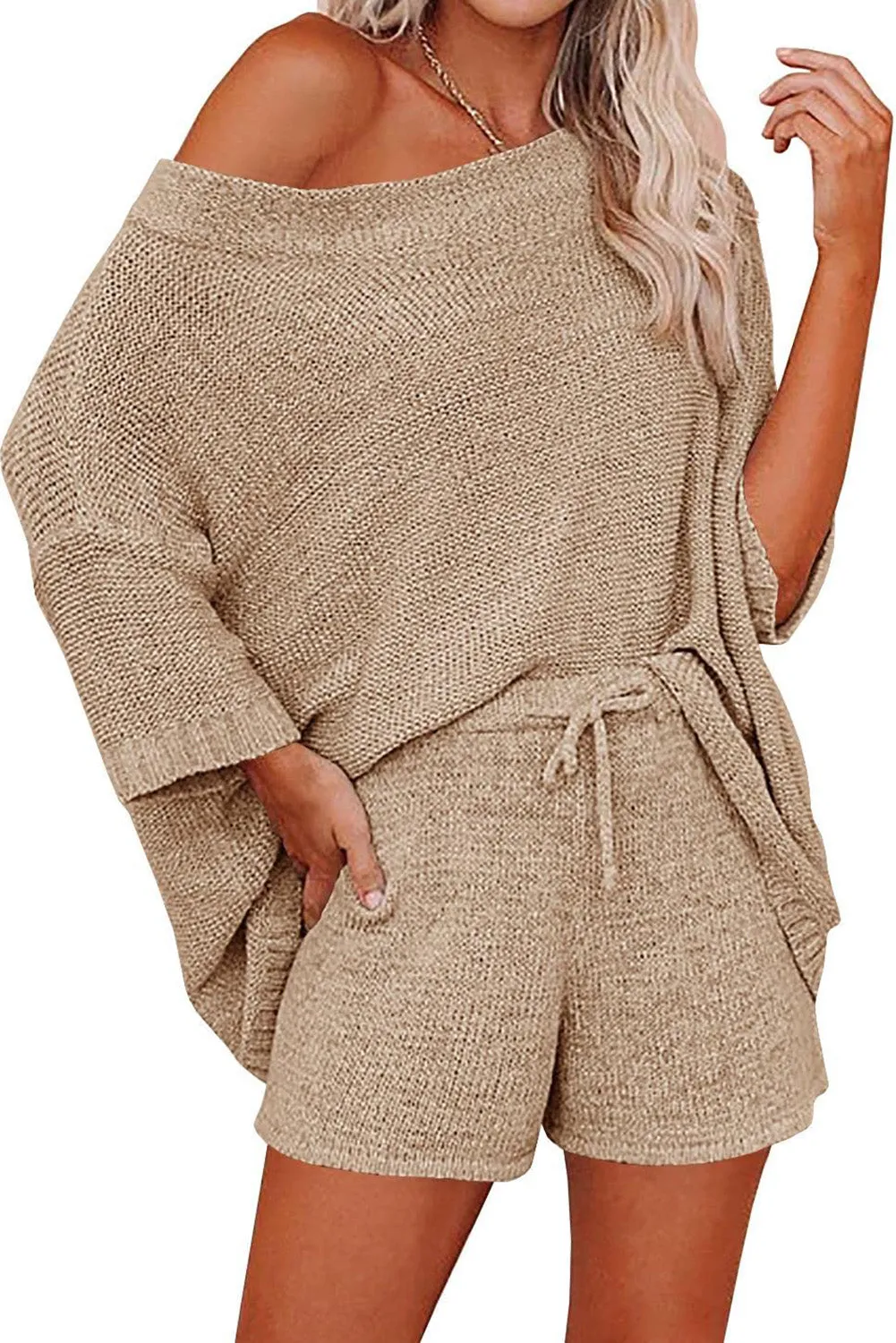 Khaki Solid Sweater Drawstring Shorts Outfit