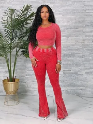 LF24555 WASHED CROP TOP & FLARED PANTS SET