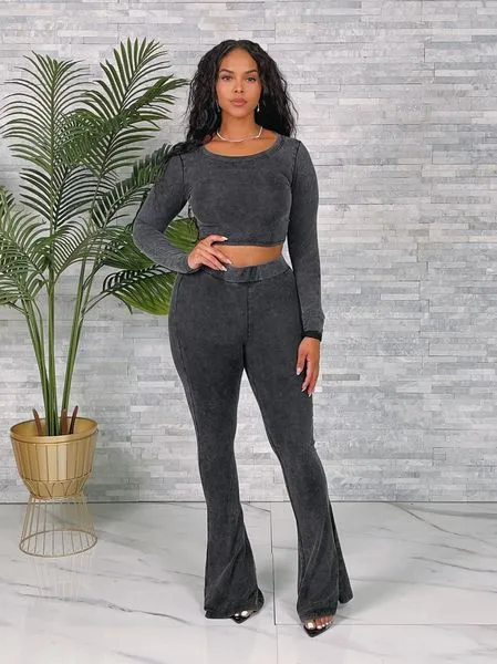 LF24555 WASHED CROP TOP & FLARED PANTS SET