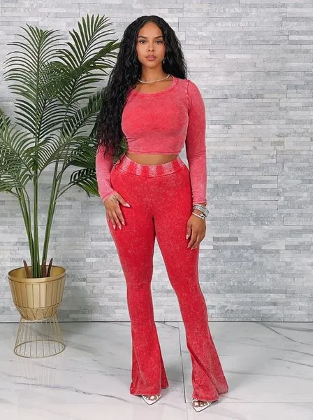 LF24555 WASHED CROP TOP & FLARED PANTS SET
