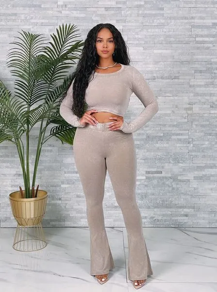 LF24555 WASHED CROP TOP & FLARED PANTS SET