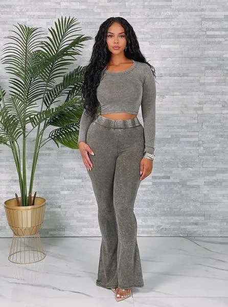 LF24555 WASHED CROP TOP & FLARED PANTS SET