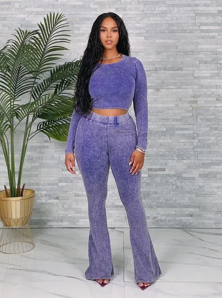 LF24555 WASHED CROP TOP & FLARED PANTS SET