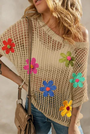 Light French Beige Big Flower Crochet Loose Sweater T Shirt