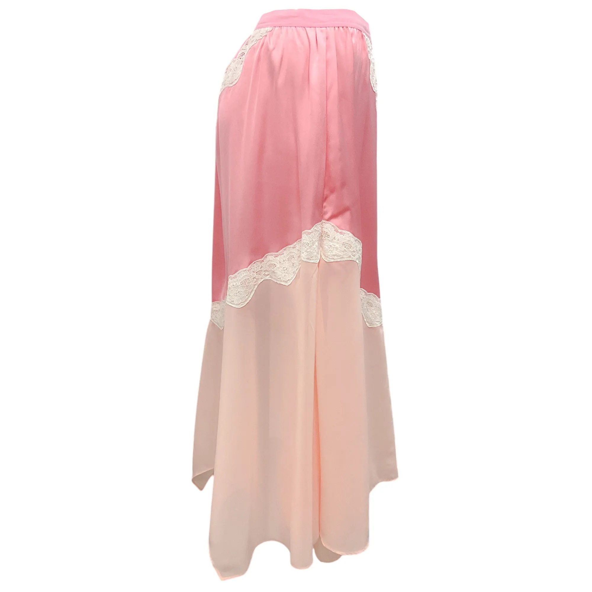 LoveShackFancy Pink / Ivory Lace Detail Satin Midi Skirt