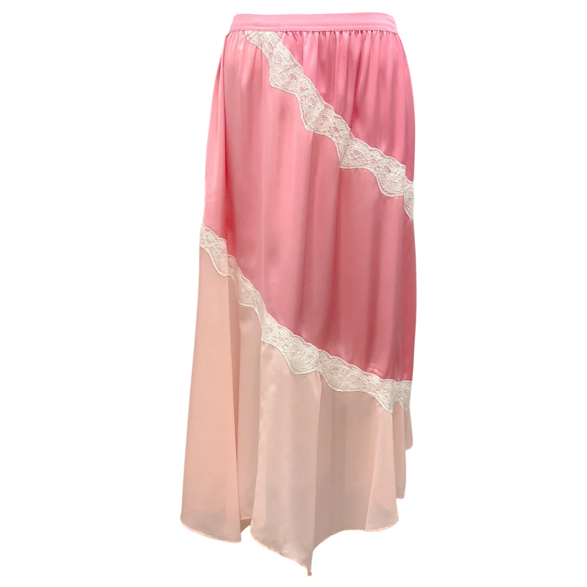 LoveShackFancy Pink / Ivory Lace Detail Satin Midi Skirt