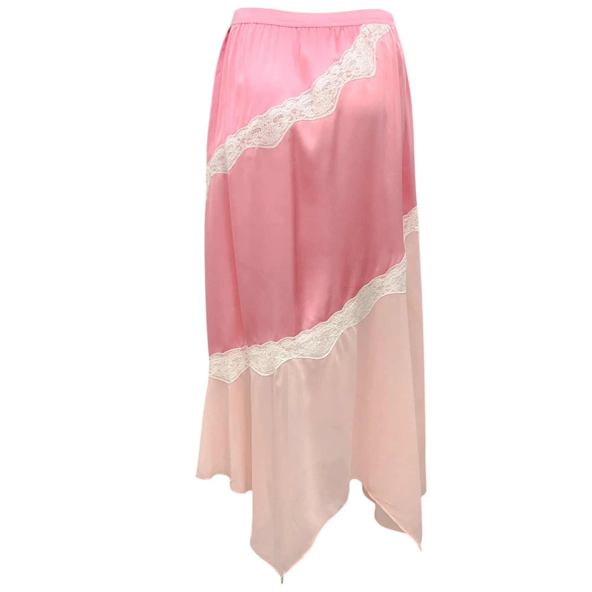 LoveShackFancy Pink / Ivory Lace Detail Satin Midi Skirt
