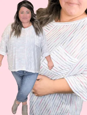 Mariah Slouchy 3/4 Sleeve Pocket top in Rainbow Stripes