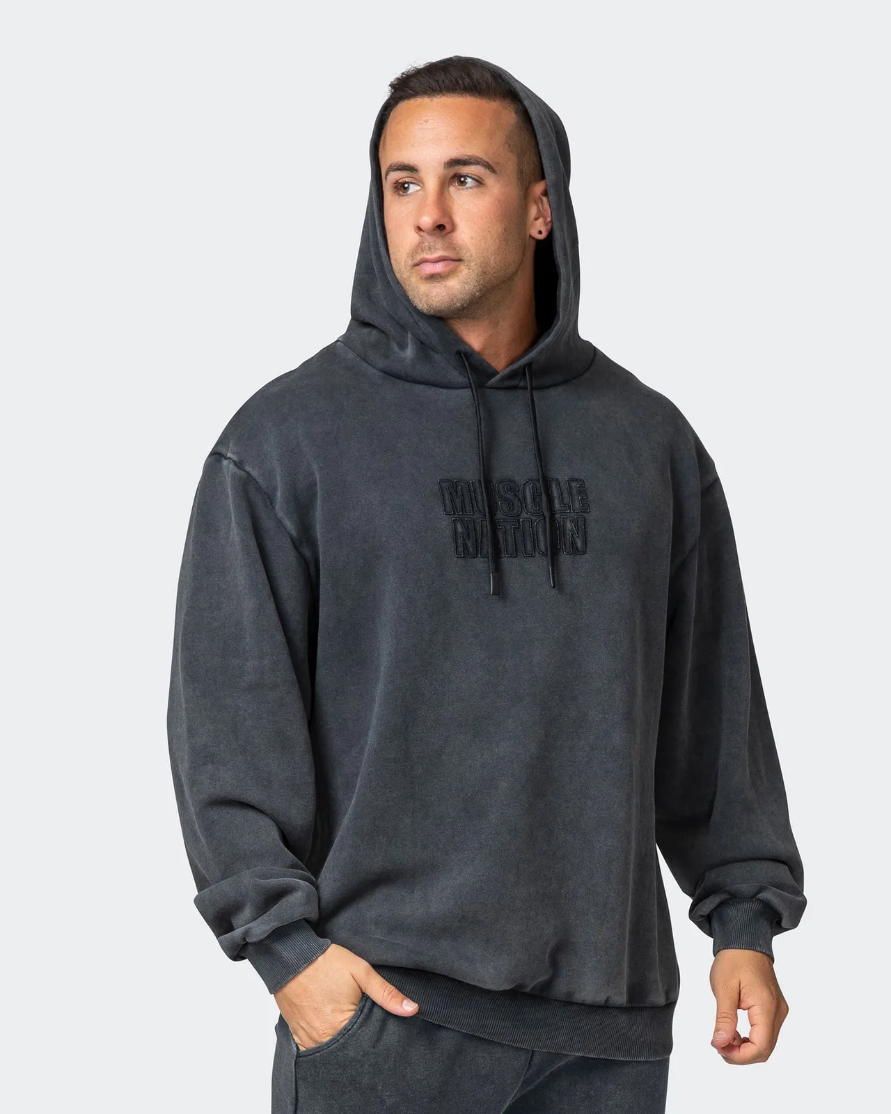 Mens 3D Oversized Vintage Hoodie - Washed Black