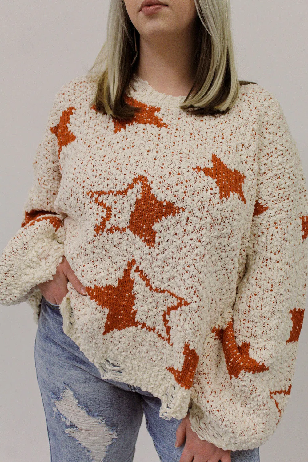 Oatmeal Fuzzy Star Knitted Loose Ripped Sweater