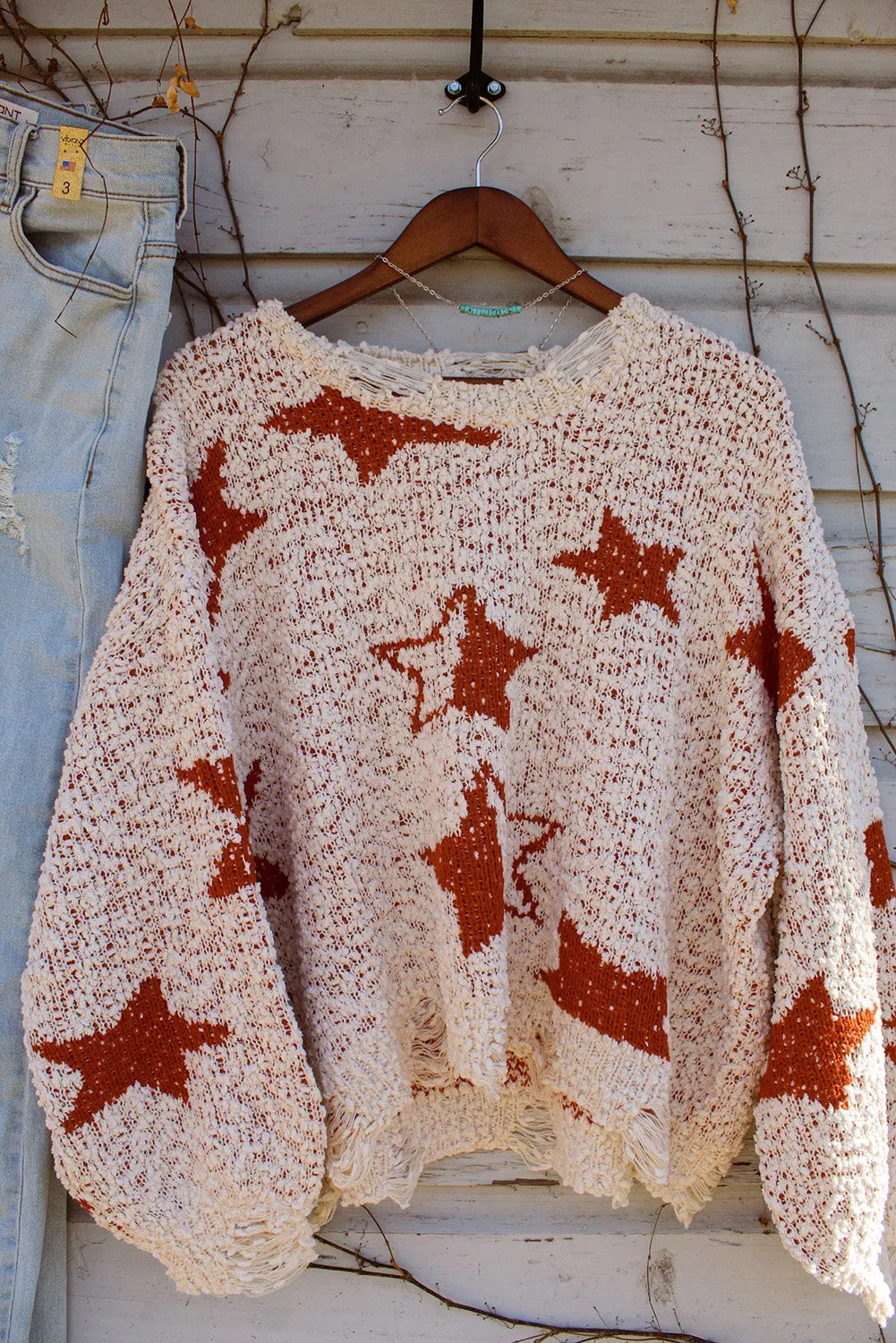 Oatmeal Fuzzy Star Knitted Loose Ripped Sweater